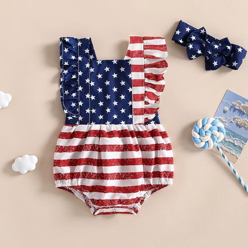 4th Of July Baby Girl Outfits Infant American Flag Sleeveless Backless Ruffle Romper Bodysuit Headband Infant Clothes in Saudi Arabia