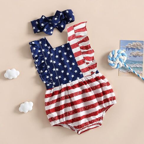 4th Of July Baby Girl Outfits Infant American Flag Sleeveless Backless Ruffle Romper Bodysuit Headband Infant Clothes in Saudi Arabia