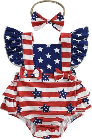 4th Of July Baby Girl Outfits Infant American Flag Sleeveless Backless Ruffle Romper Bodysuit Headband Infant Clothes in Saudi Arabia