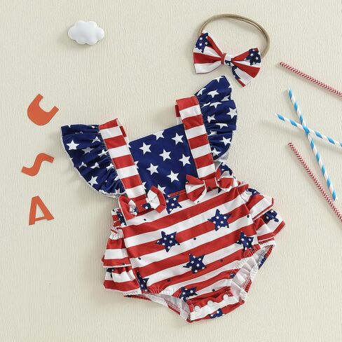 4th Of July Baby Girl Outfits Infant American Flag Sleeveless Backless Ruffle Romper Bodysuit Headband Infant Clothes in Saudi Arabia
