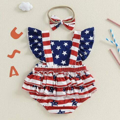 4th Of July Baby Girl Outfits Infant American Flag Sleeveless Backless Ruffle Romper Bodysuit Headband Infant Clothes in Saudi Arabia