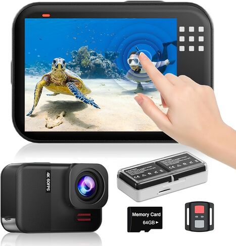 4K60fps Waterproof Action Camera- Bare Metal Underwater 10M with 64G SD Card, HD 48MP Touchscreen Sports 6-Axis Stabilization,8X Zoom Underwater Camera Snorkeling with Helmet Accessories in Kuwait