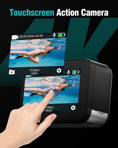 4K60fps Waterproof Action Camera- Bare Metal Underwater 10M with 64G SD Card, HD 48MP Touchscreen Sports 6-Axis Stabilization,8X Zoom Underwater Camera Snorkeling with Helmet Accessories in Kuwait