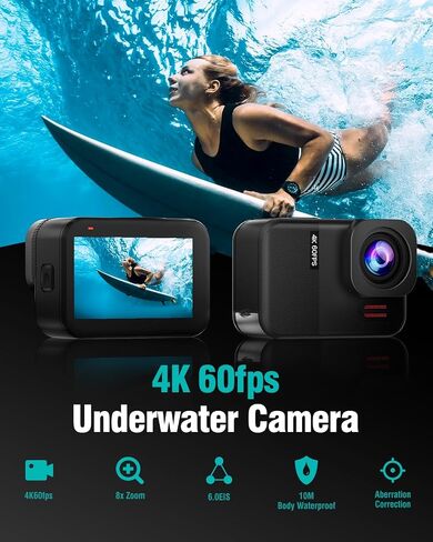 4K60fps Waterproof Action Camera- Bare Metal Underwater 10M with 64G SD Card, HD 48MP Touchscreen Sports 6-Axis Stabilization,8X Zoom Underwater Camera Snorkeling with Helmet Accessories in Kuwait
