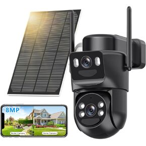 4K Solar Security Cameras Wireless Outdoor Battery Powered, 5GHz & 2.4GHz Dual Lens Bullet & 360°PTZ Linkage Outdoor Security Camera with Solar Panel, 8X Digital Zoom, Color Night Vision