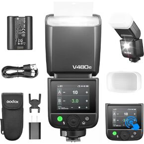 godox V480-C Flash for Canon Camera with Diffuser Touchscreen 10-Level Modeling Lamp TTL on Camera Flash 7.2 V/2200 mAh Rechargeable Battery GN50 1/8000 s High-Speed Sync 650 Full-Power Flashes