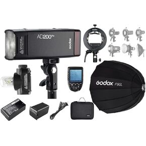Godox AD200 Pro Strobe Pocket Flash for Canon Camera, 200W TTL 1/8000s HSS with XPro-C Flash Trigger + S2 Bracket Bowens Mount and Godox P90L Softbox, 500 Full Power Flashes, Bare Bulb/Speedlite Fresn