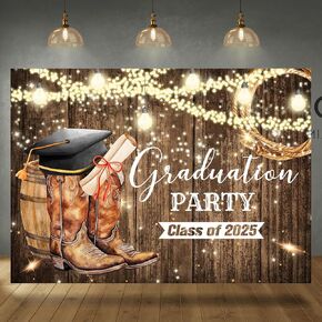حفلة التخرج خلفية Western Cowboy Rustic Rodeo Boots Floor Floor Class من 2025 خلفية التصوير الفوتوغرافي الخريجة زخرفة إمدادات اللافتات صور Banner Photo Studio Props 7x5ft