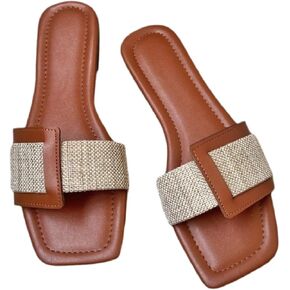 BLYVORA Women's Canvas One Word Flat Slides Sandals Fashion Non-Slip Square Toe Slip On Leather Walking Slippers Outdoor Indoor Summer Beach Home Mules