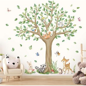 wondever Large Woodlands Animals Tree Wall Stickers Deer Squirrel Owl Peel and Stick Wall Art Decals for Kids Bedroom Baby Nursery