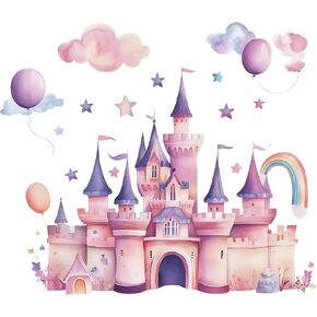 Princess Dreamy Pink Castle Wall Decal for Girls Room Cartoon PVC Wall Sticker with Balloons Rainbow Stars Nursery Kids Bedroom Decor Removable Wall Art