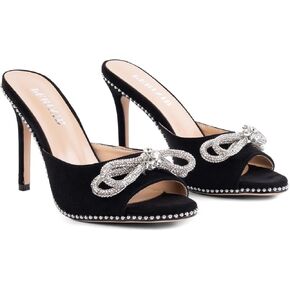 Women's Peep Round Toe Pumps -Black Heeled Mules with Crystal Bowknot Stiletto Heels Elegant Slip On High Heel Sandals for Party and Special Occasions Summer Shoes for Dressy Lady