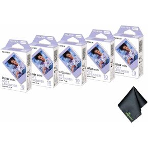 Fujifilm Instax Mini لافندر لافندر فوري (50 تعرضًا) + قطعة قماش تنظيف الألياف الدقيقة