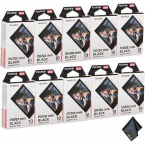 FUJIFILM Instax Mini Black Instant Film (100 تعرض) + قطعة قماش تنظيف الألياف الدقيقة