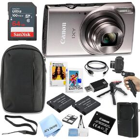 Canon PowerShot IXY 650 (ELPH 360) HS Digital Camera (Silver) + 64GB Memory + Spare Batteries, Case, Grip, Software Pack (Power Bundle) (Renewed)