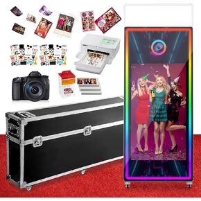 كشك صور Magic Mirror مع الكاميرا والطابعة المحمولة شاشة اللمس الكبرى صورة شخصية صور شخصية مع تطبيق خاتم التحكم عن بُعد لحضور حفل الزفاف (أبيض ، 65-43 '' مرآة مجموعة كاملة)