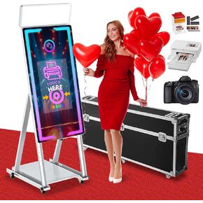 Magic Mirror Photo Booth 45'' with Camera and Printer, Mirror Photo Booth with 22'' Interactive Touch Screen, Built-in Mini PC with Instant Print for Party，Wedding，Rental (White)