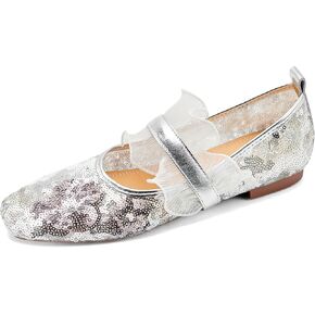 Mesh Mary Jane Ballet Flats Women Sequins Flower Square Toe Flats Ladies Comfortable Embroidered Slip on Soft Ballerina Shoes