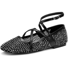 wetkiss Mesh Ballet Flats for Women Round Toe Ballerina Flats Shoes Comfortable Adjustable Ankle Strap Fishnet Mary Jane Flats