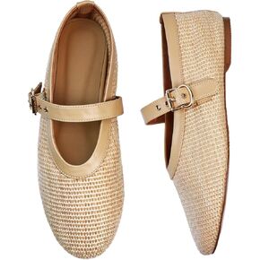 Mary Jean Shoes Women Woven Ballet Flats with Buckle Strap Round Closed Toe Wide Width Mesh Ballerina Shoes