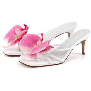 Flower Heels for Women White Slip On Strappy Heel Backless High-Heel with Flowers Sandals 2.3 inch Mules Floral Shoes Size 9