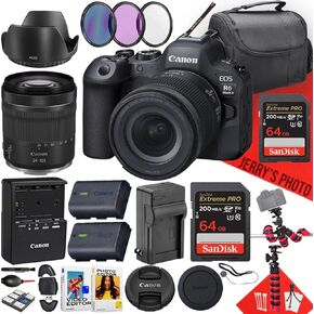 Canon EOS R6 Mark II Mirrorless Camera مع 24-105mm f/4-7.1 هي عدسة STM + 128 جيجابايت وذاكرة 64 جيجابايت + غطاء محرك السيارة + بطارية إضافية + مرشحات + أكثر (حزمة 26pc) (متجددة)