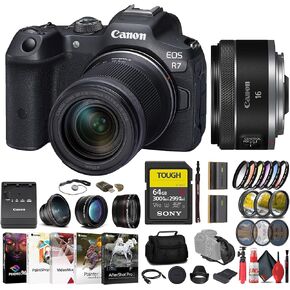 Canon EOS R7 Mirrorless Camera with 18-150mm Lens (5137C009) + Canon 16mm Lens (5051C002) + Sony 64GB Tough SD Card + Filter Kit + Wide Angle Lens + Telephoto Lens + Color Filter Kit + More (Renewed)
