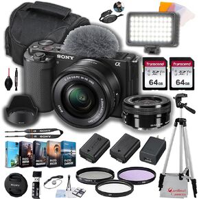 Sony ZV-E10 Mirrorless Camera with Sony E PZ 16-50mm OSS Lens + LED Video Light + 64GB Memory (2pc), Filters, Spare Battery, Editing Software, Tripod & More