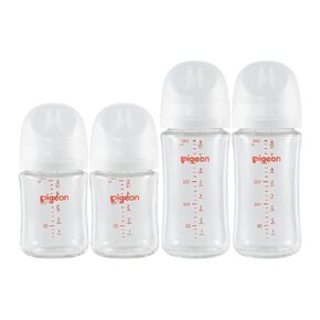 Pigeon Glass Nursing Baby Bottle Wide Neck (Pack of 4), Streamlined Body, Natural Feel, Easy to Clean, Heat-Resistant, 5.4Oz and 8.1 Oz (2S 2L)