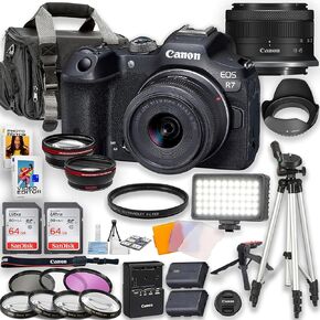 Canon EOS R7 Mirrorless Camera with 18-45mm is STM Lens + LED Video Light, 2pc 64GB Memory Cards, Wideangle and Telephoto Lens, Tripod, Case, Filters & More, Black (Renewed)