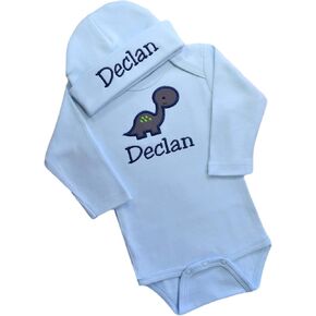 Funny Girl Designs Personalized Embroidered Baby Boy DINOSAUR Bodysuit with Matching Cotton Beanie Hat - Your Custom Name