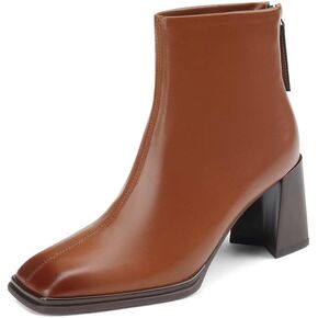 TinaCus Women's Square Toe Genuine Leather Handmade Back Zipper Mid Chunky Heels Stylish Ankle Boots
