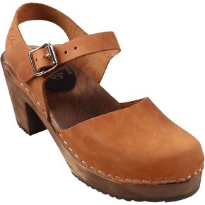السويدية Highwood Clog Sandal للنساء | ماري جين سدادات خشبية مصنوعة في السويد | قاعدة خشبية بني ألدر وجلد نوبوك تزين | بني