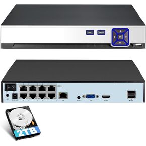 TOWODE 8CH POE Network Video Recorder لنظام كاميرا الأمان المنزلي ، يعمل مع 4K/2K/3MP/4MP/5MP/6MP/8MP/1080P CAMERAS POE NVR ، 24/7 APPPLICAL APPLIC و PC REMOTE REMOTE تم تثبيته مسبقًا مسبقًا 2TB مثبتة على 2TB.