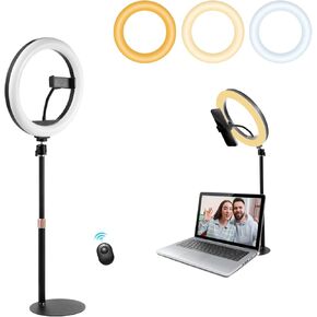 10" Desk Ring Light with Tripod Stand & Phone Holder, Dimmable LED Circle Light with 10 Brightness Levels & 3 Light Modes, USB Powered for Computer, Video Conference, Makeup, Live Stream