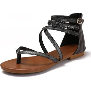 Women's Summer Strappy Flat Sandals Casual Gladiator Shoes Open Toe Sparkly Crossover Straps Dressy Fisherman Thong Sandals for Walking Beach Vacation