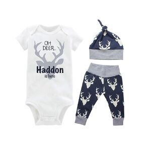 Oh Deer Navy Gray Personalized Baby Boy Coming Home Outfit - Bodysuit, Yoga Pants, and Top Knot Hat