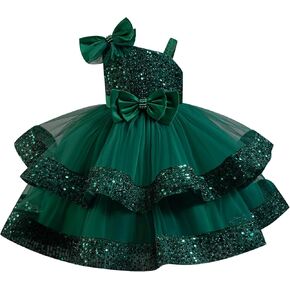 AWIBMK Kids Baby Girls Bowknot Sequin Tulle Dress Tiered Tutu Flower Girl Birthday Wedding Party Pageant Dresses