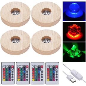 4-Piece Led Light Display Bases with Colorful Remote Control, 16 Color Modes, Wooden Stands for Resin, Glass, and Crystal Artworks