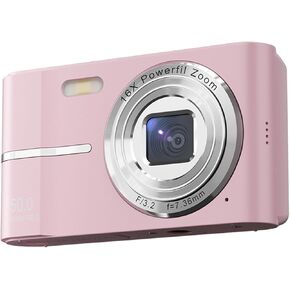 4K Pink Digital Vlogging Camera - Compact, Pocket-Sized with 32GB Card, 50MP, 16x Zoom, 2.4in LCD, No Shaking