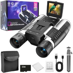 مناظير 12 × 32 للبالغين ، مناظير رقمية مع كاميرا 5MP صورة كاملة HD الفيديو 2 "شاشة عرض LCD مع بطاقة SD Micro 32 جيجابايت لمشاهدة الطيور Companting Concerts Theatre (Silver)