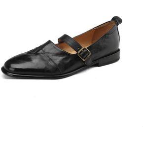 TinaCus Women's Soft Leather Handmade Round Toe Slip On Buckle Low Stacked Heel Mary Jane Flats Shoes