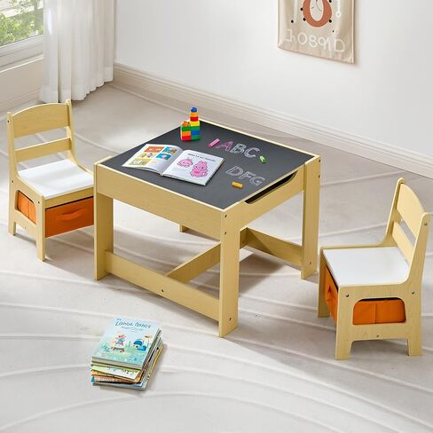 Kids Table and Chairs Set, 4 in 1 Wooden Kids Table with Reversible Tabletop, Children Activity Table with Removable Tabletop Storage, Toddler Table and Chair Set for Home, Nursery, Playroom in Saudi Arabia