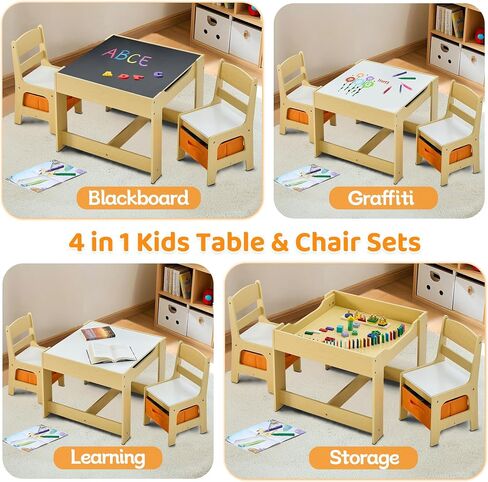 Kids Table and Chairs Set, 4 in 1 Wooden Kids Table with Reversible Tabletop, Children Activity Table with Removable Tabletop Storage, Toddler Table and Chair Set for Home, Nursery, Playroom in Saudi Arabia