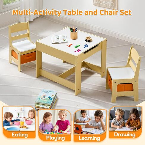 Kids Table and Chairs Set, 4 in 1 Wooden Kids Table with Reversible Tabletop, Children Activity Table with Removable Tabletop Storage, Toddler Table and Chair Set for Home, Nursery, Playroom in Saudi Arabia