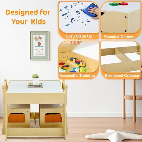 Kids Table and Chairs Set, 4 in 1 Wooden Kids Table with Reversible Tabletop, Children Activity Table with Removable Tabletop Storage, Toddler Table and Chair Set for Home, Nursery, Playroom in Saudi Arabia