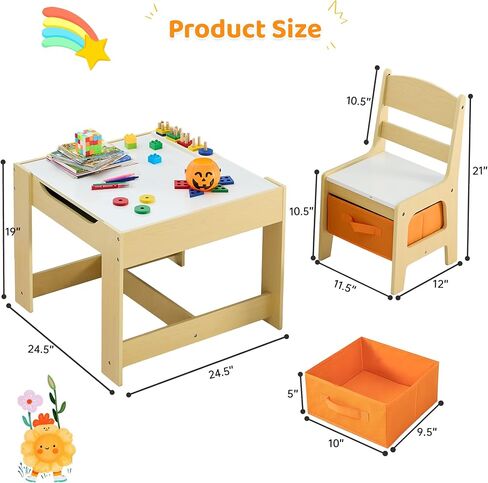 Kids Table and Chairs Set, 4 in 1 Wooden Kids Table with Reversible Tabletop, Children Activity Table with Removable Tabletop Storage, Toddler Table and Chair Set for Home, Nursery, Playroom in Saudi Arabia