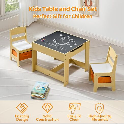 Kids Table and Chairs Set, 4 in 1 Wooden Kids Table with Reversible Tabletop, Children Activity Table with Removable Tabletop Storage, Toddler Table and Chair Set for Home, Nursery, Playroom in Saudi Arabia
