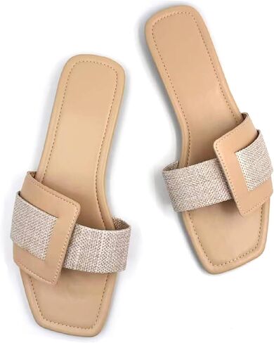 BLYVORA Women's Canvas One Word Flat Slides Sandals Fashion Non-Slip Square Toe Slip On Leather Walking Slippers Outdoor Indoor Summer Beach Home Mules in Saudi Arabia