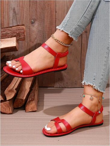 GORGLITTER Women's Red Strappy Ankle Strap Sandals Fisherman Cut Out Dressy Open Toe Flat Sandals 2025 in Saudi Arabia
